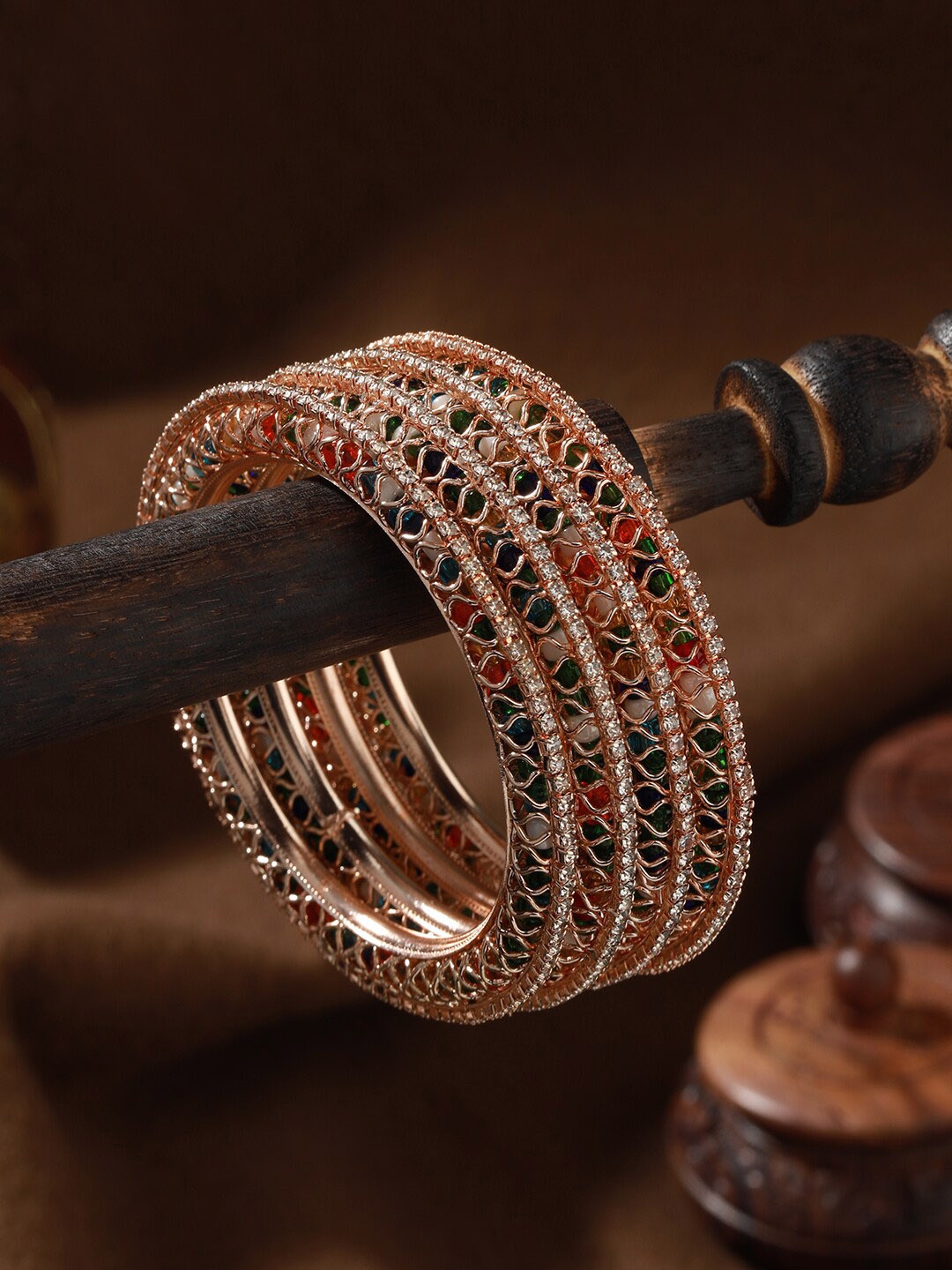 Jazz and Sizzle Set Of 4 Rose Gold Plated Stone-Studded Crystal-Beaded Bangles