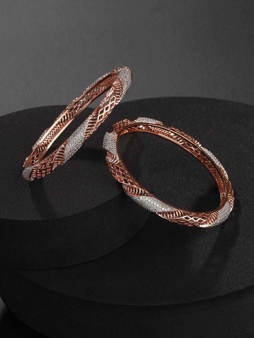 

Jazz and Sizzle Set Of 2 Rose Gold-Plated AD Studded Bangles, White