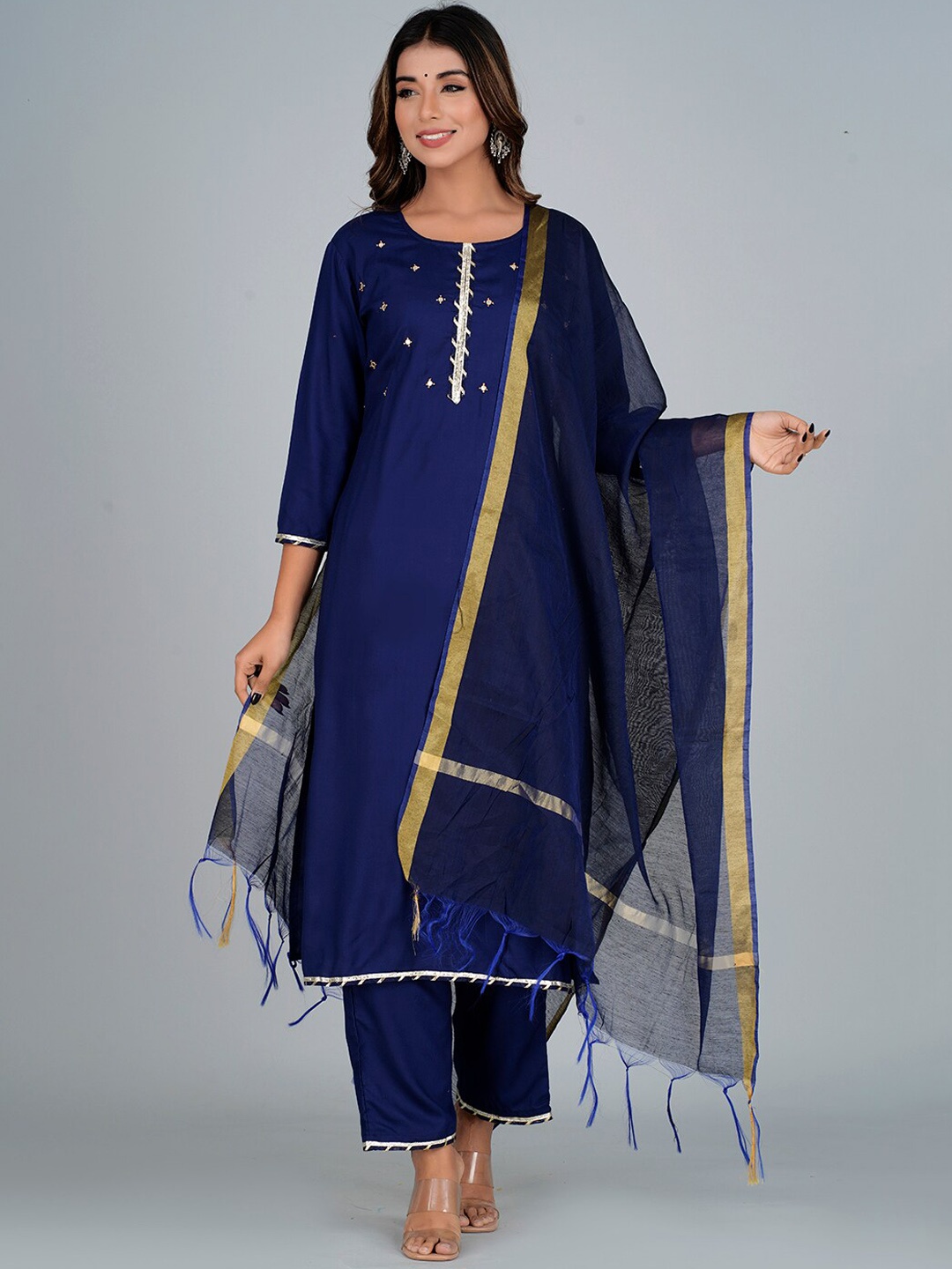 

Bachuu Round Neck Gotta Patti Kurta With Trousers & Dupatta, Navy blue
