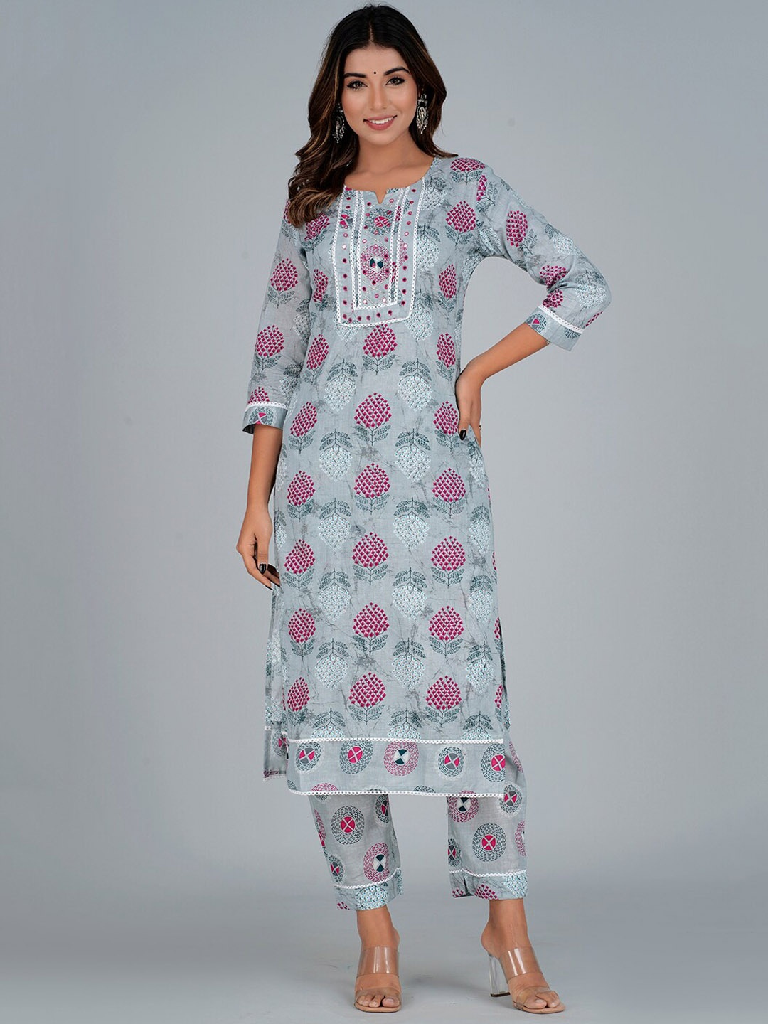 

Bachuu Ethnic Motifs Printed Mirror Work Pure Cotton Kurta with Trousers, Grey