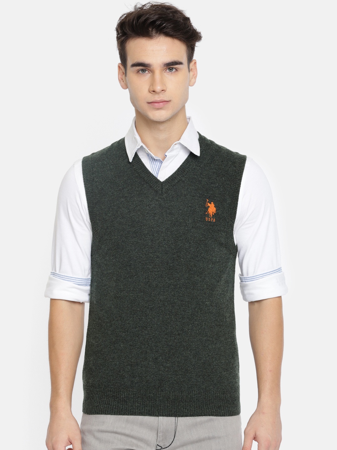 

U.S. Polo Assn. Men Green Solid Wool Sweater Vest