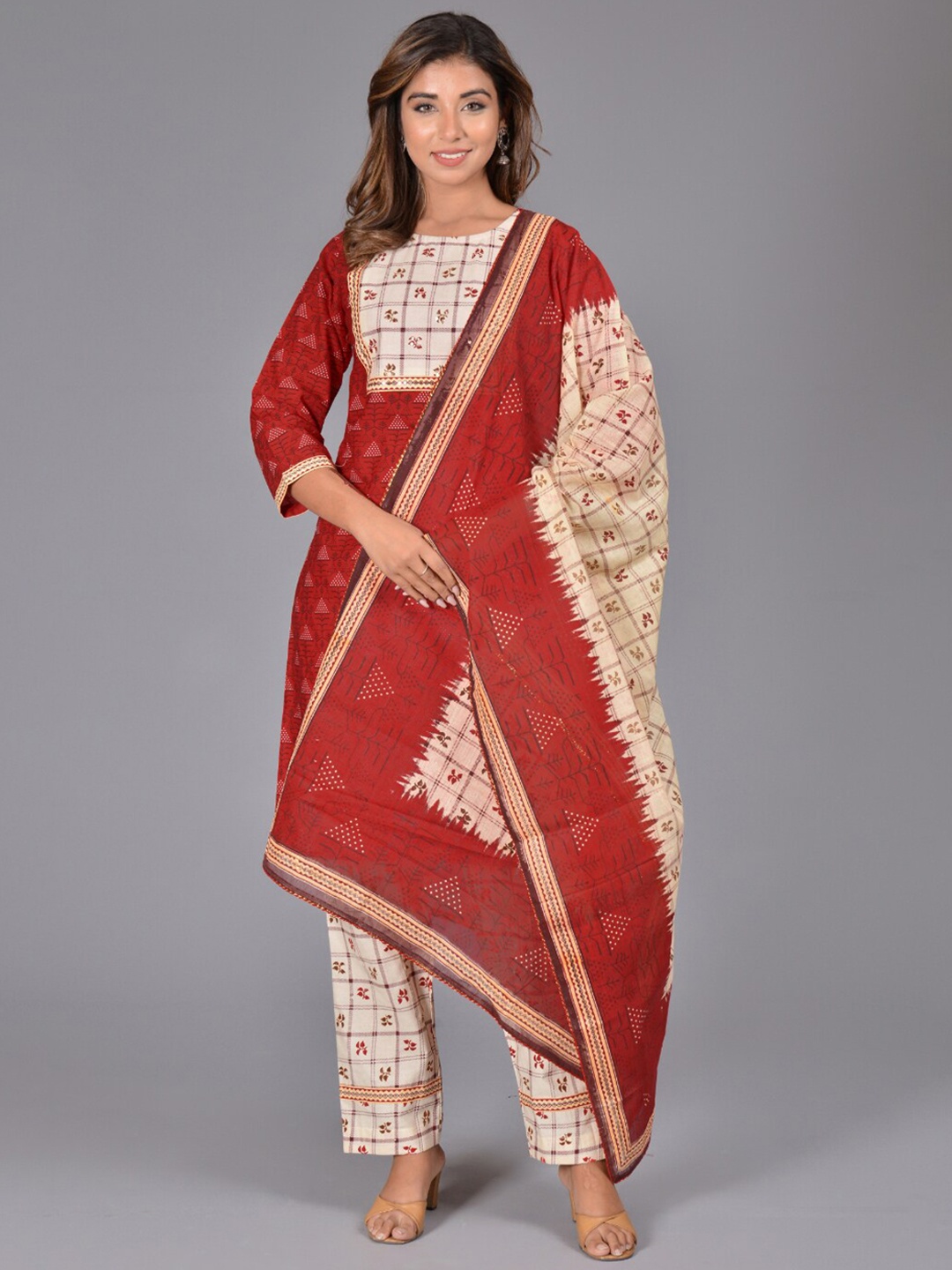 

Bachuu Ethnic Motifs Printed Pure Cotton Kurta with Trousers & With Dupatta, Red