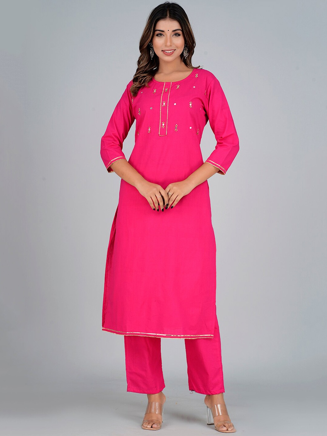 

Bachuu Gotta Patti Pure Cotton Mirror Work Kurta with Trousers, Pink