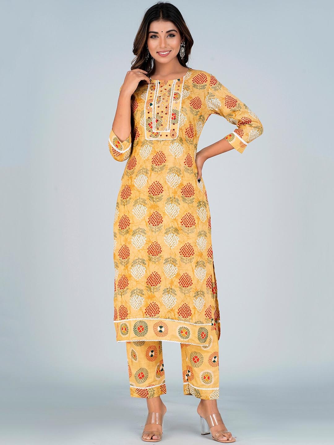 

Bachuu Ethnic Motifs Printed Mirror Work Pure Cotton Kurta with Trousers, Yellow