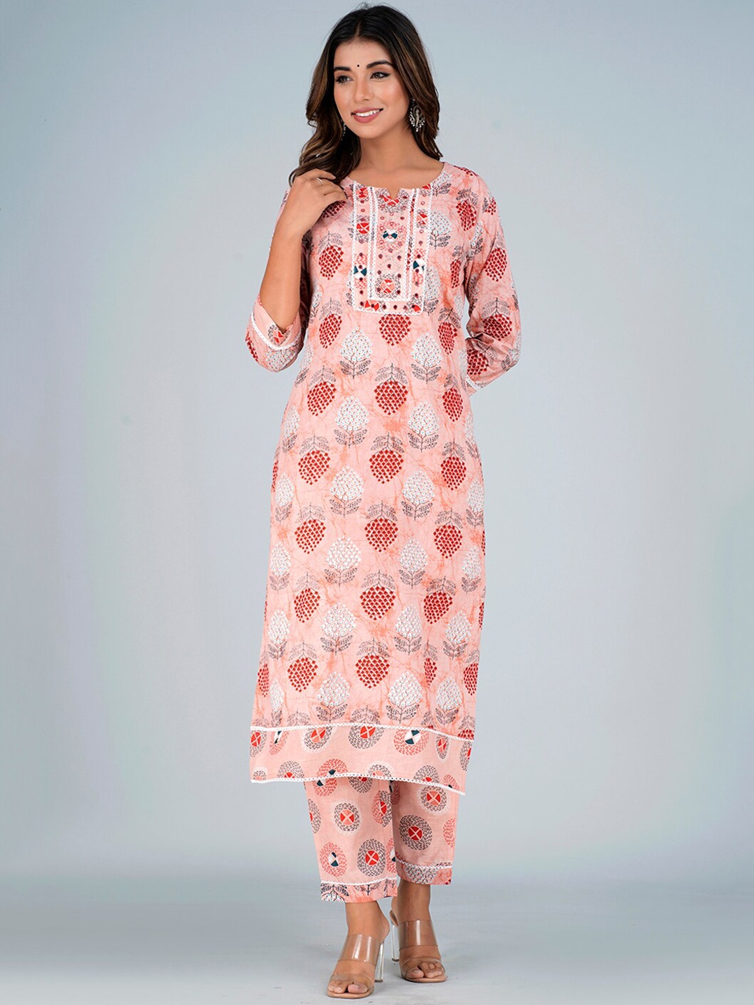 

Bachuu Printed Mirror Work Pure Cotton Kurta with Trousers, Pink