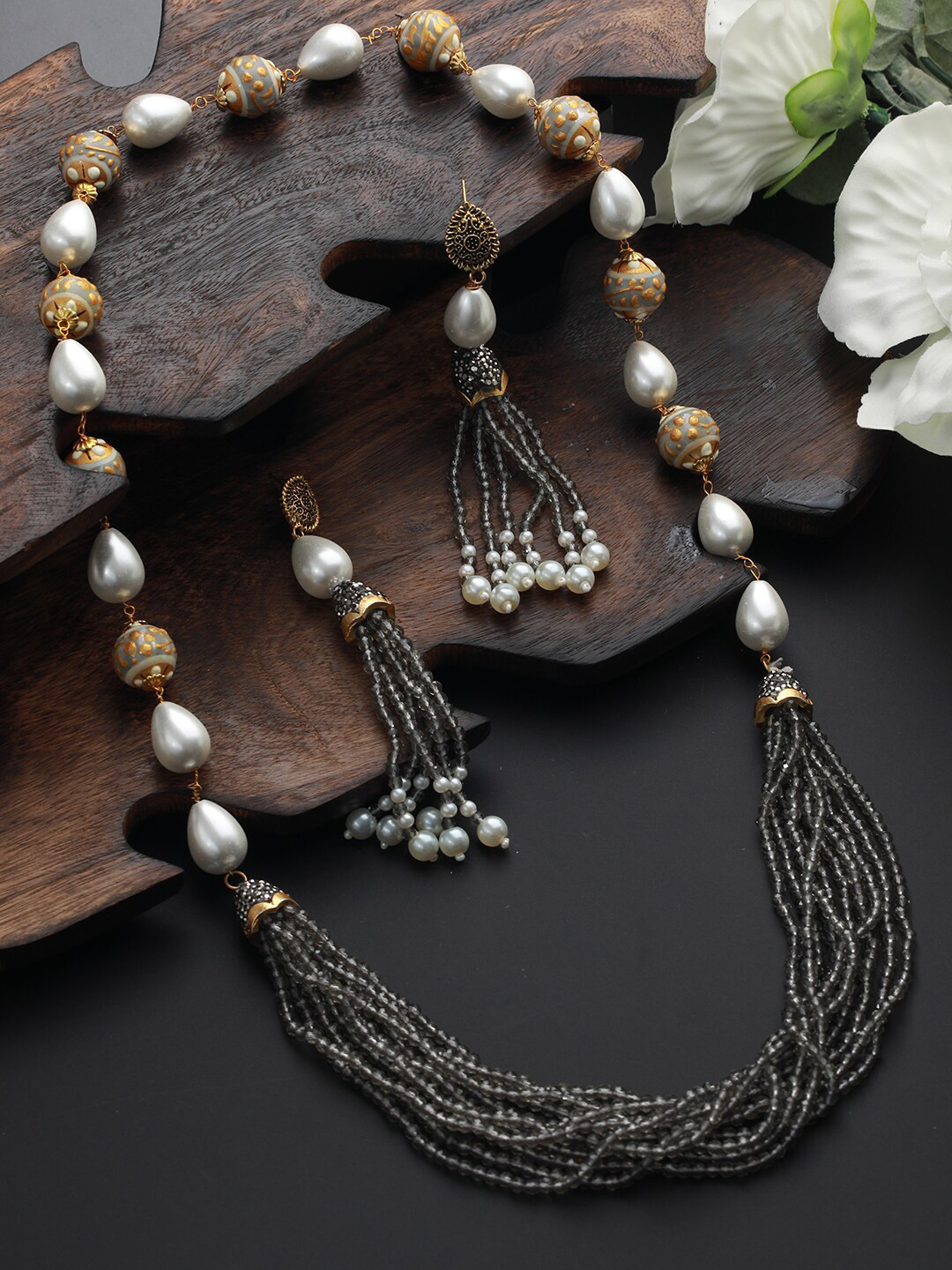 

Jazz and Sizzle Gold-Plated Beaded Necklace and Earrings, Grey