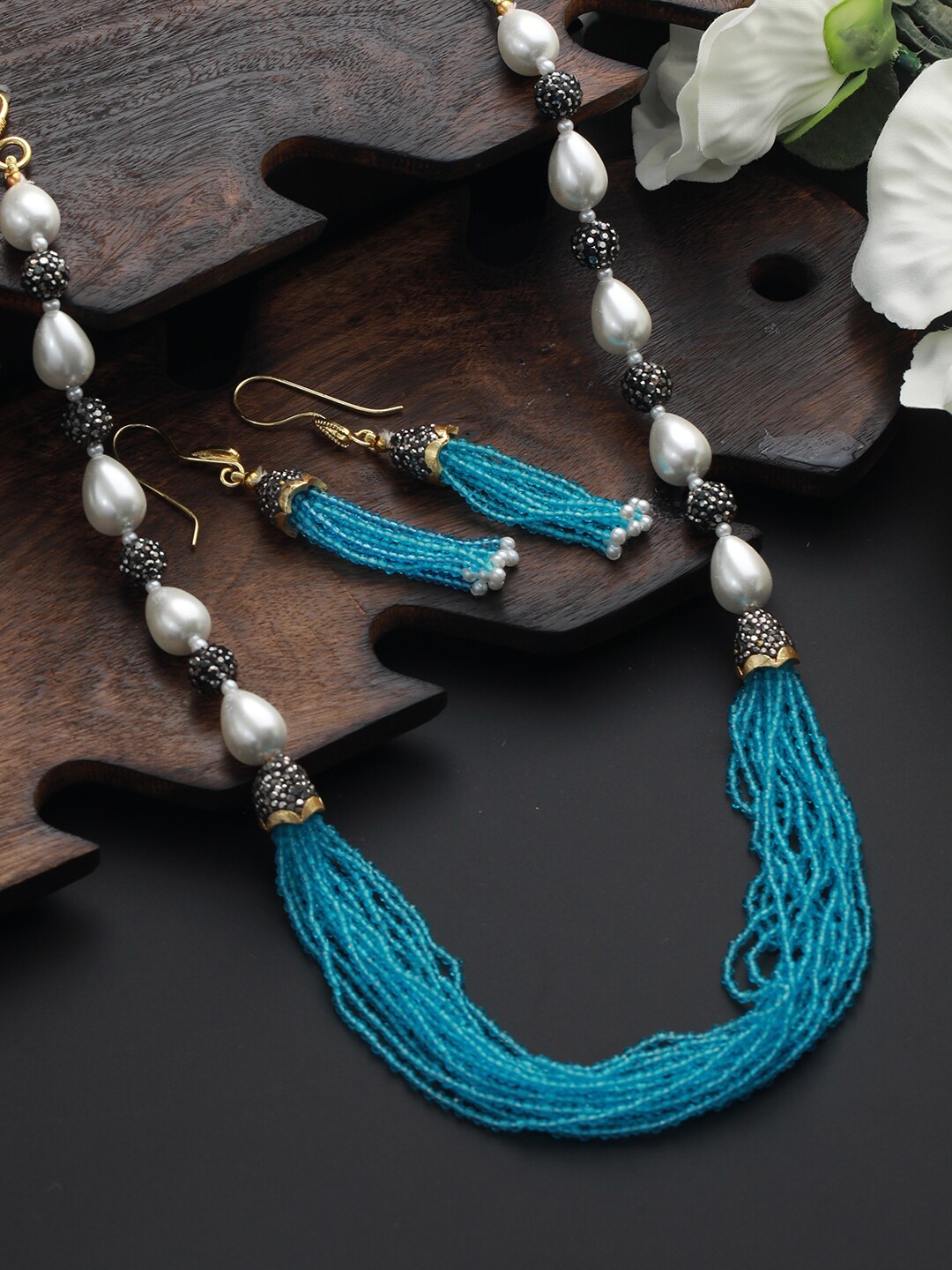 

Jazz and Sizzle Gold-Plated Beaded Necklace and Earrings, Turquoise blue