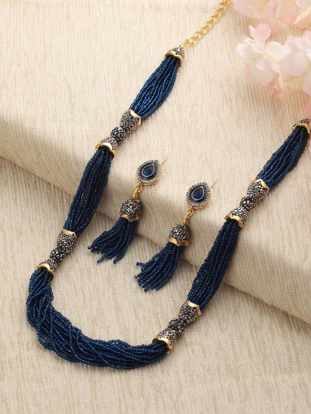 

Jazz and Sizzle Gold-Plated Stone Studded & Beaded Necklace and Earrings, Navy blue