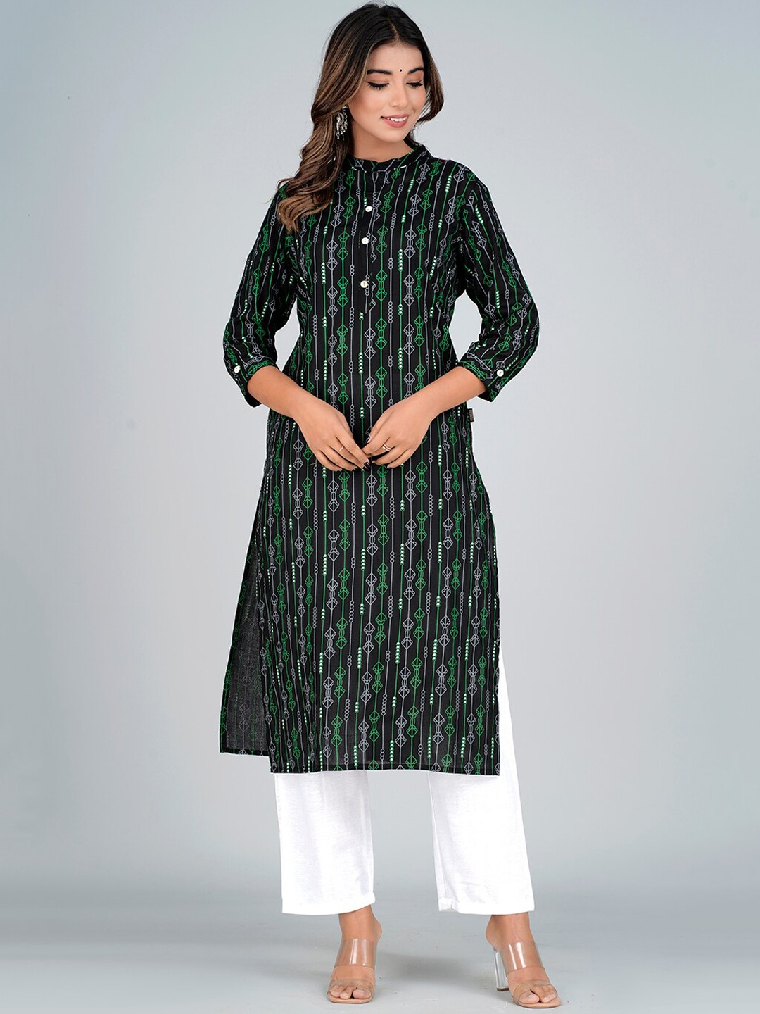 

Bachuu Striped Mandarin Collar Kurta, Black