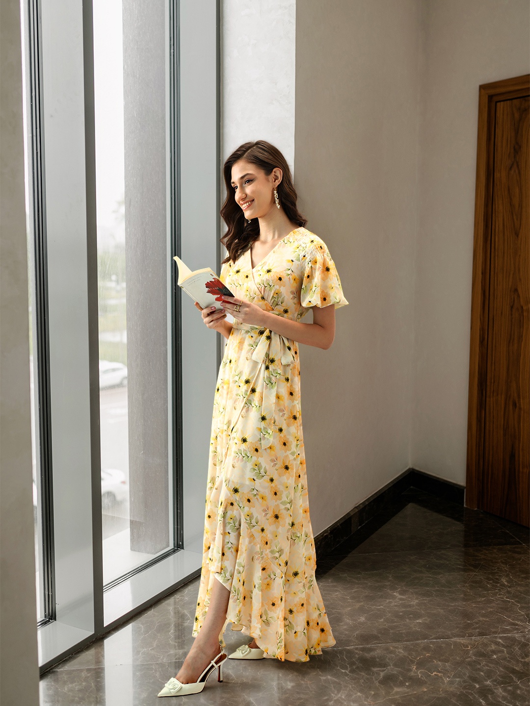 

Madame Floral Print Wrap Designed Maxi Dress, Yellow