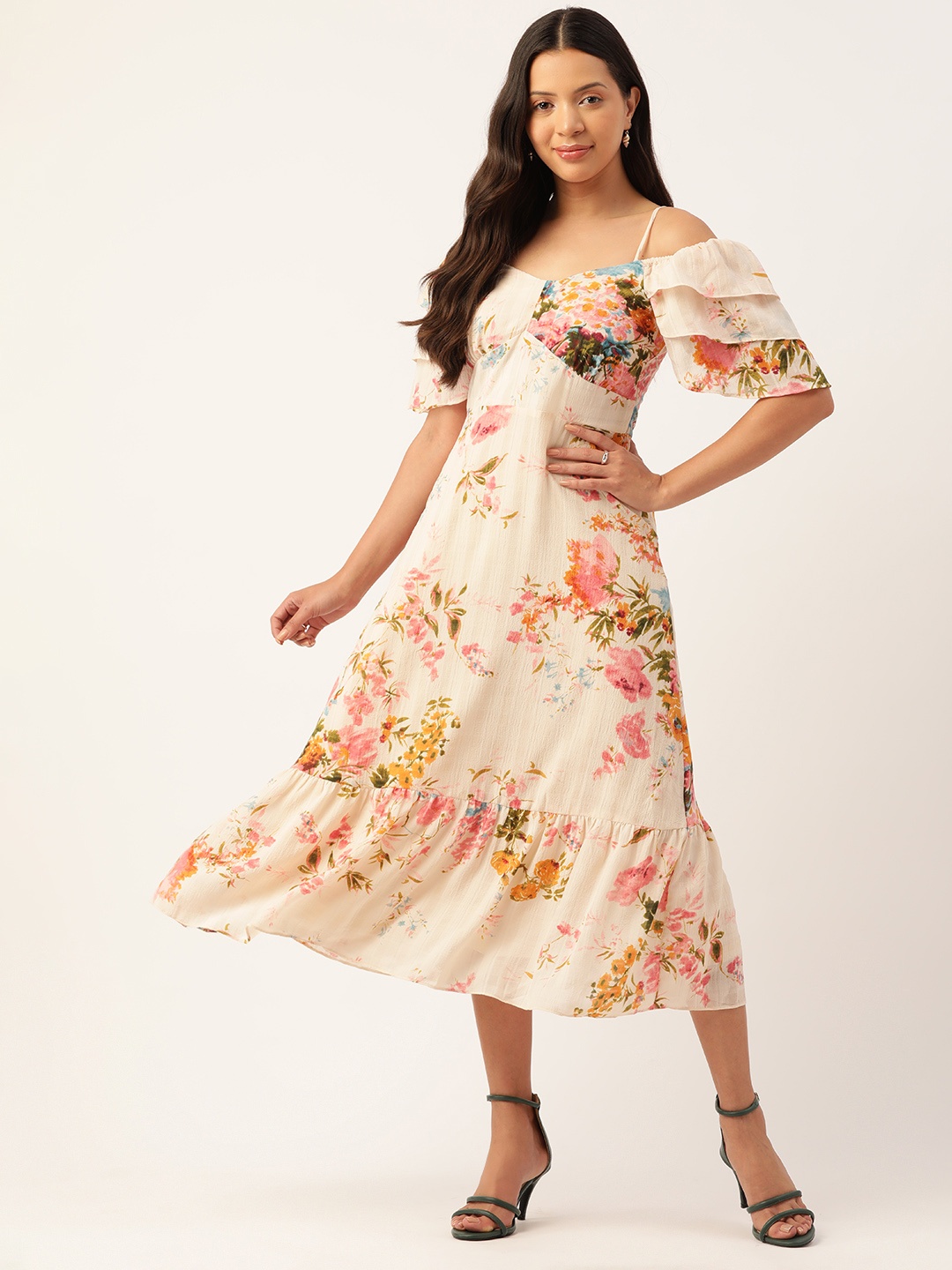 

Madame Floral Print Off-Shoulder Empire Midi Dress, Off white