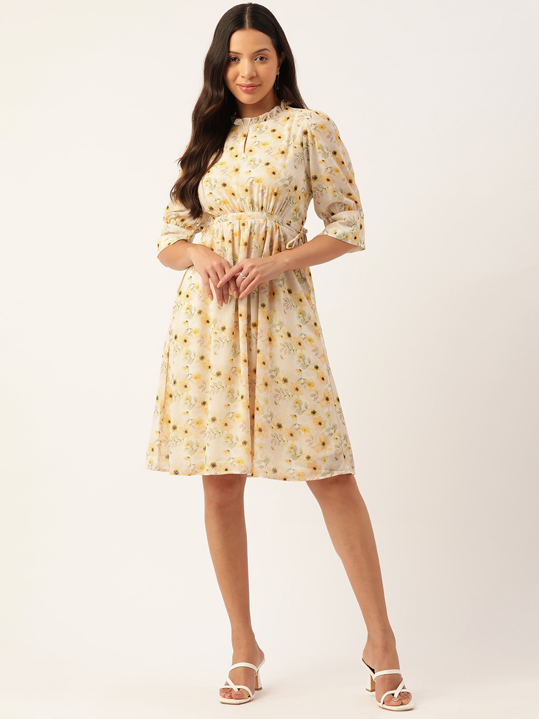 

Madame Floral Printed Keyhole Neck Waist Tie-Up A-Line Dress, Yellow