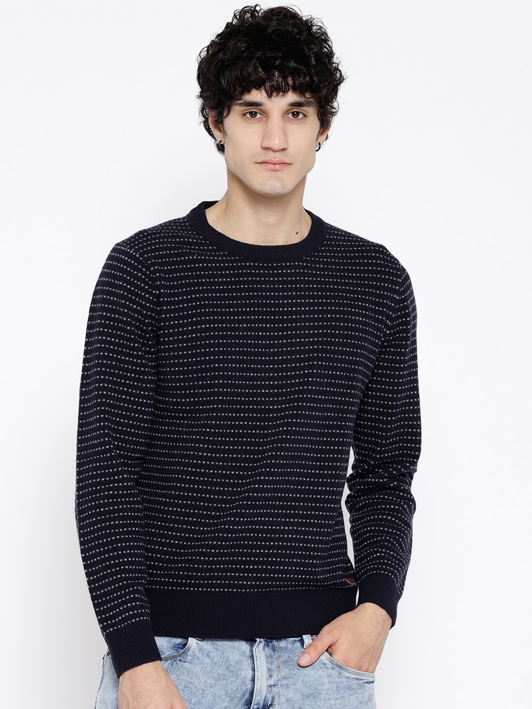 

U.S. Polo Assn. Men Navy Blue Self-Striped Pullover