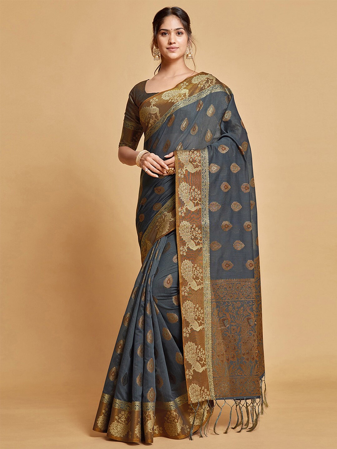 

Satrani Ethnic Motif Woven Design Zari Saree, Grey