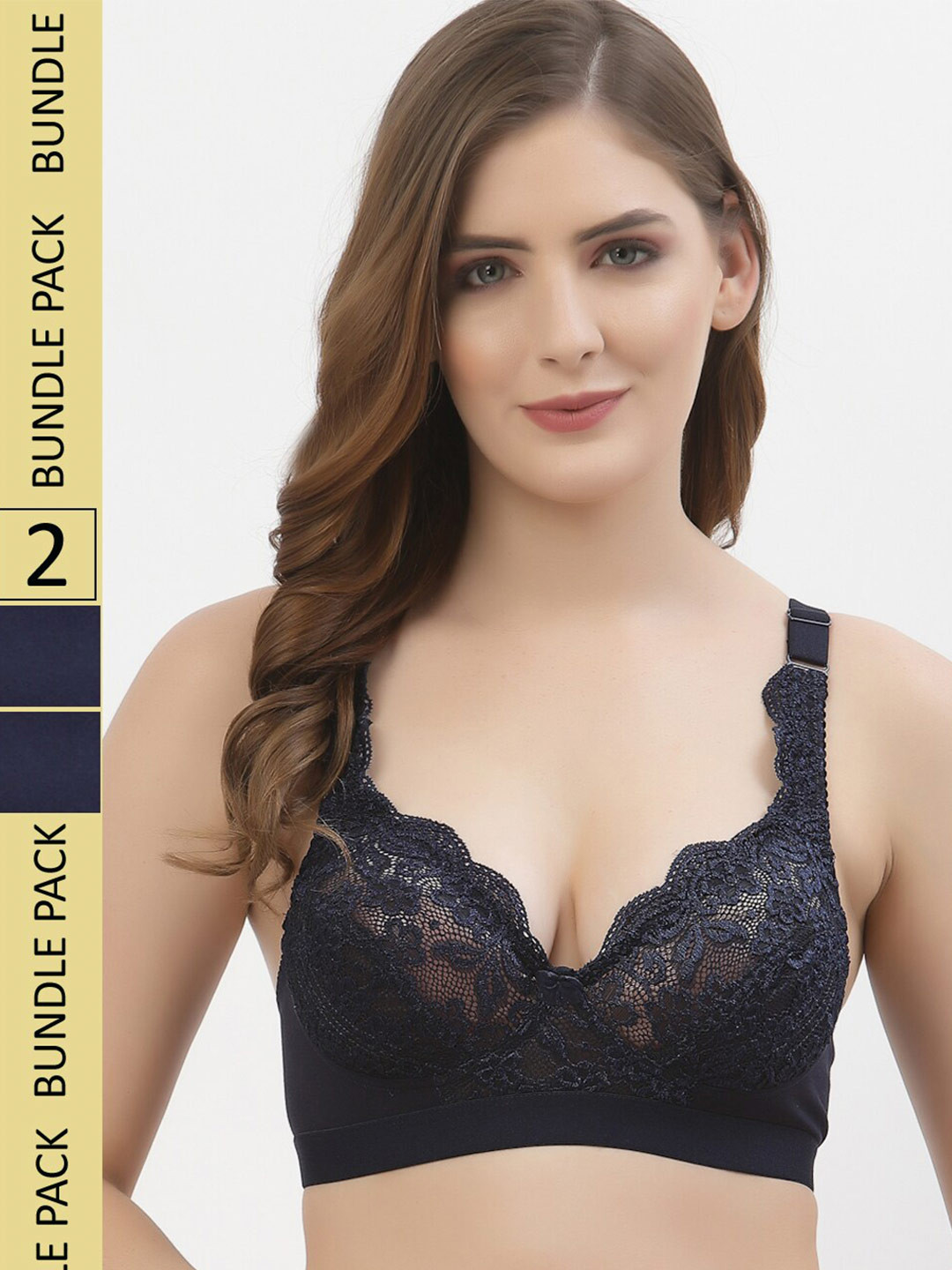 

Floret Pack of 2 Self-Design Floral Non padded Lace Bra, Navy blue