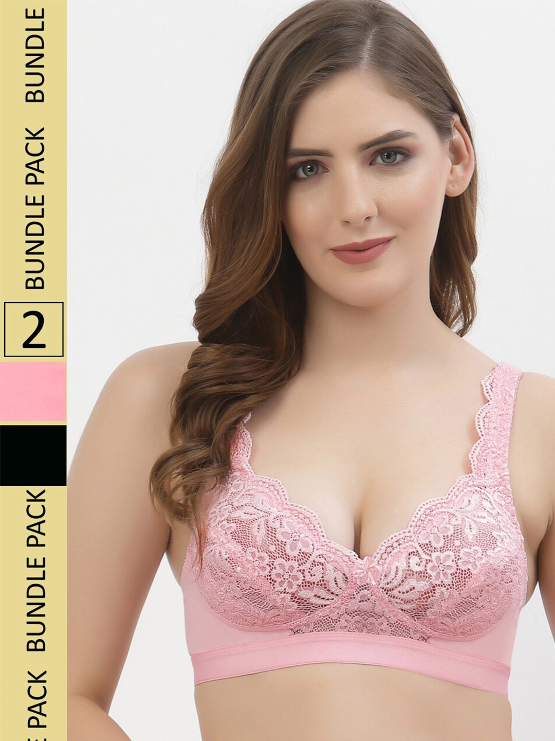 

Floret Pack of 2 Self-Design Floral Non padded Lace Bra, Pink