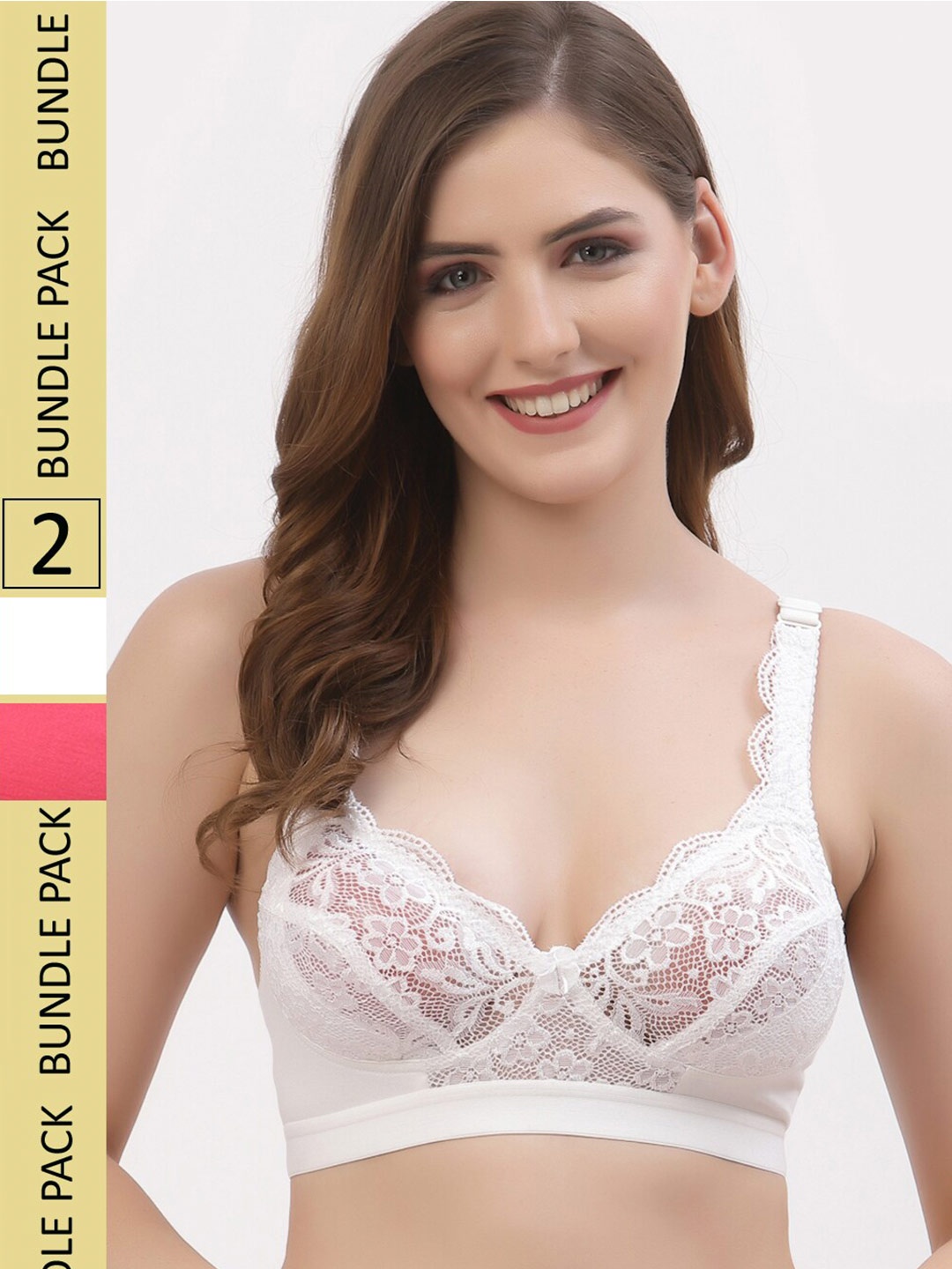 

Floret Pack Of 2 Floral Lace Non Padded Full Coverage T-Shirt Bra, White