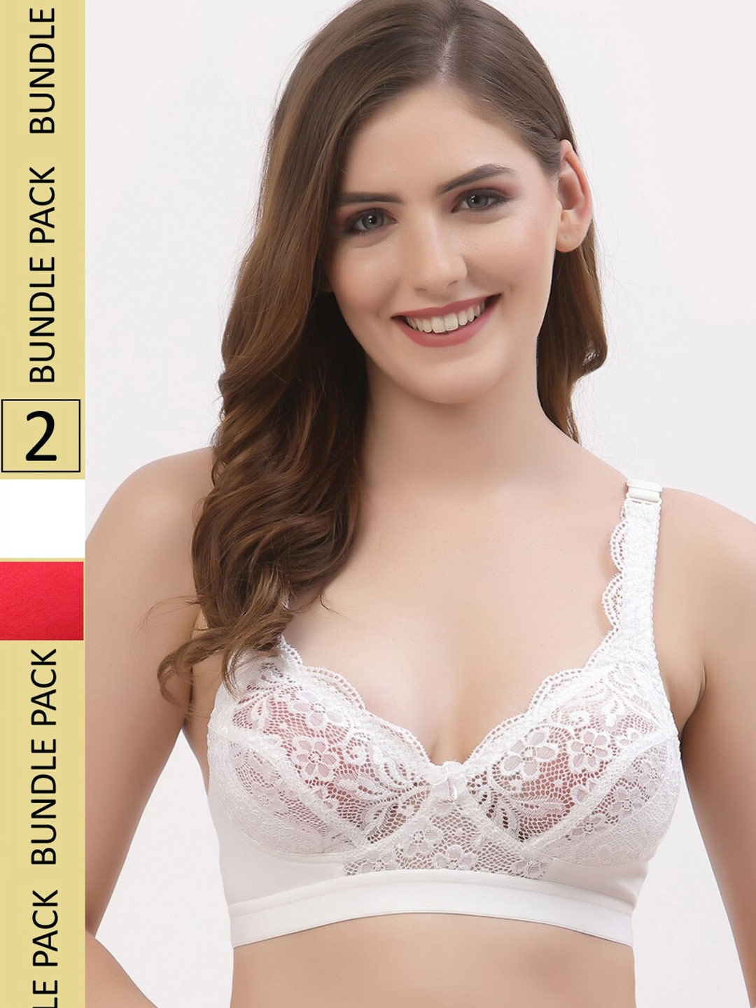 

Floret Pack Of 2 Floral Lace Non Padded Full Coverage T-Shirt Bra, White