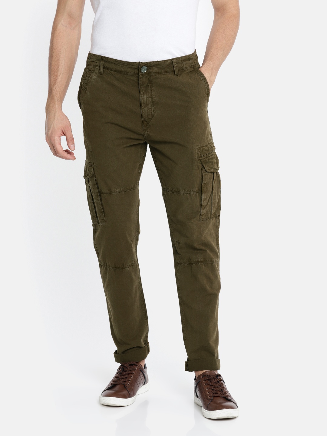 

U.S. Polo Assn. Men Olive Green Regular Fit Solid Cargo Trousers