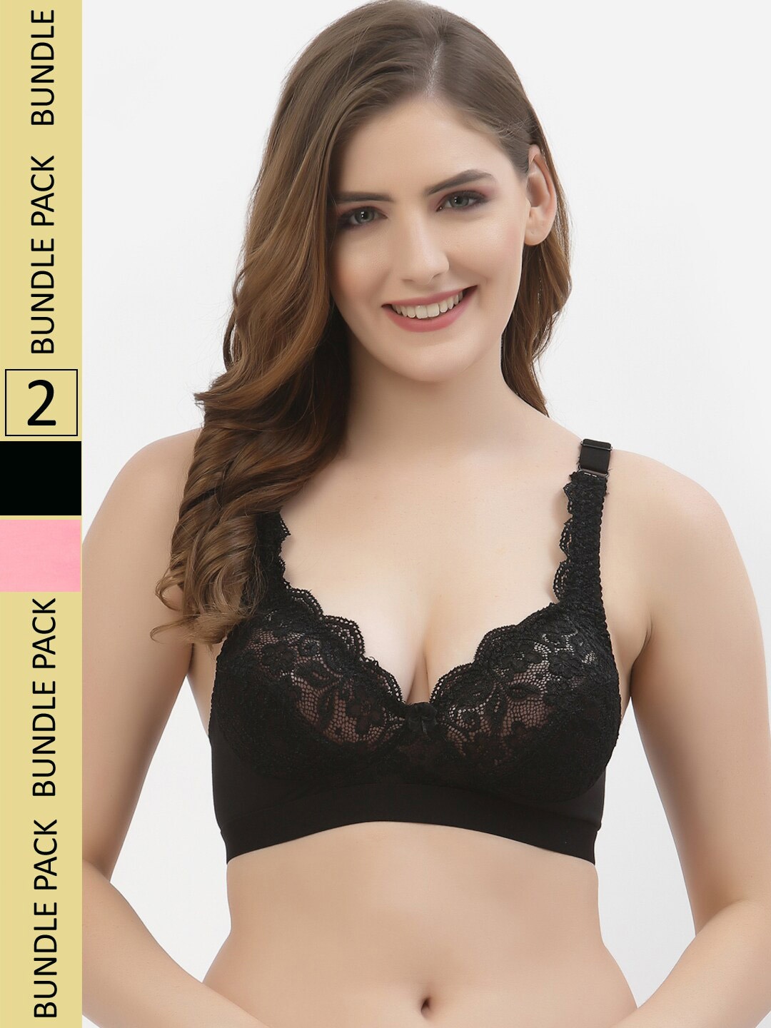 

Floret Pack Of 2 Floral Non Padded Bra, Black
