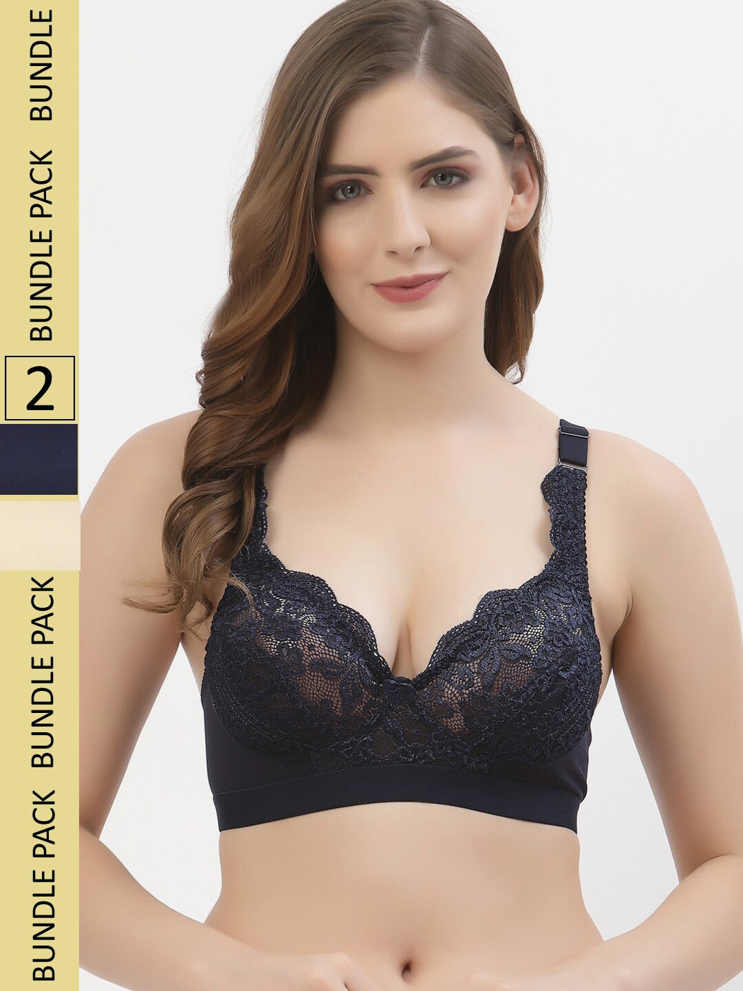 

Floret Navy Pack Of 2 Floral Non Padded Bra, Navy blue