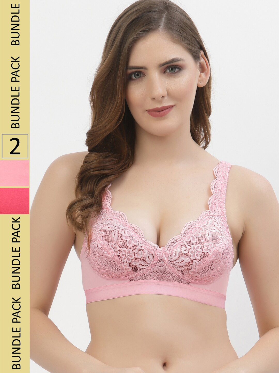 

Floret Pack Of 2 Floral Non Padded Medium Non Wired Support Lace T-shirt Bra, Pink