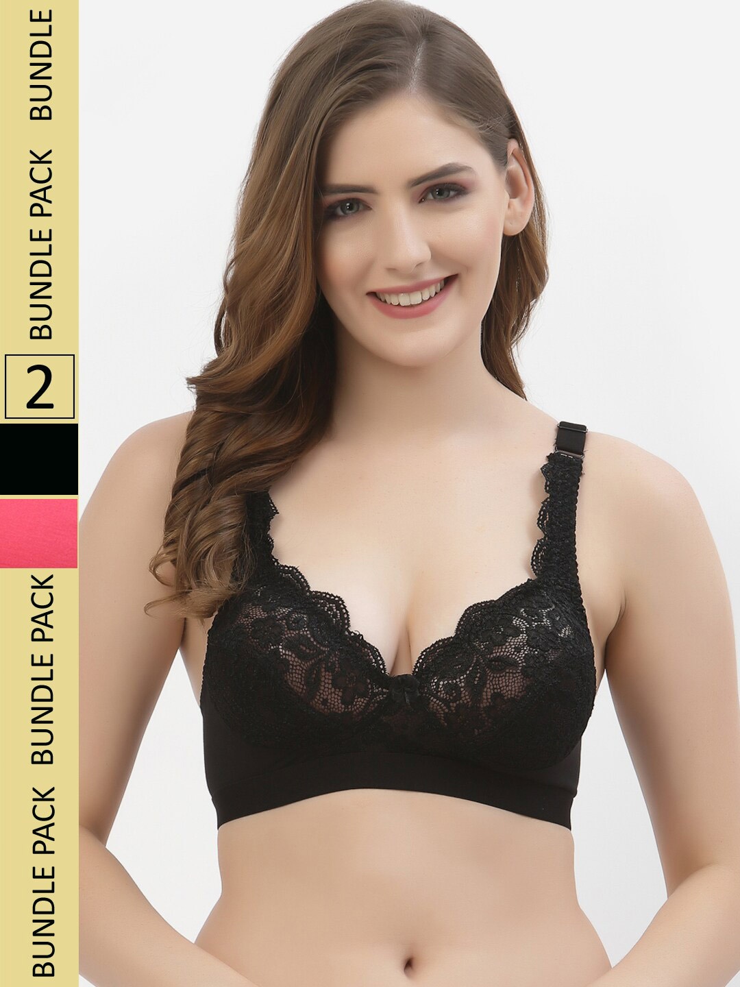 

Floret Pack Of 2 Floral Non Padded Medium Non Wired Support Lace T-shirt Bra, Black