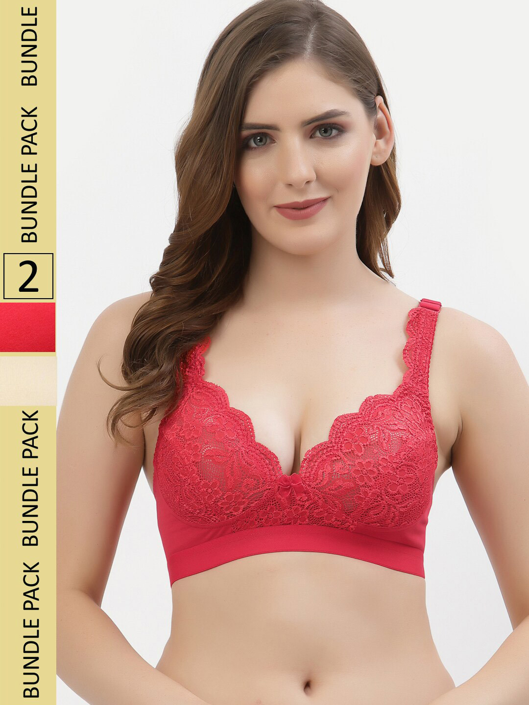 

Floret Pack Of 2 Floral Non Padded Medium Non Wired Support Lace T-shirt Bra, Red