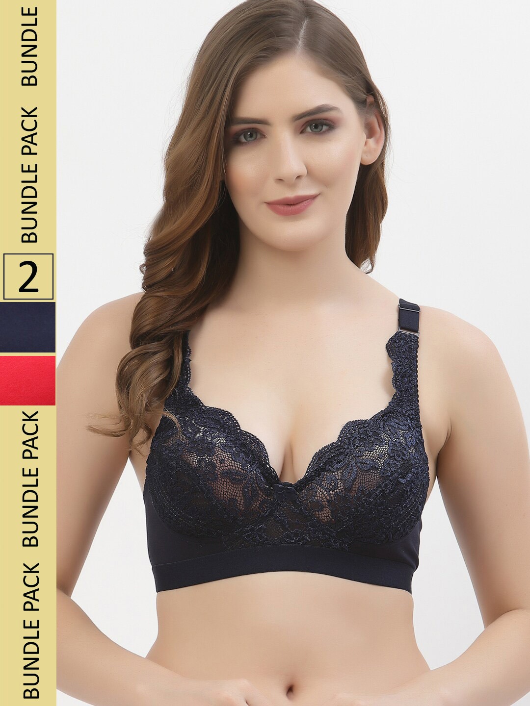 

Floret Pack Of 2 Floral Non Padded Medium Non Wired Support Lace T-shirt Bra, Navy blue
