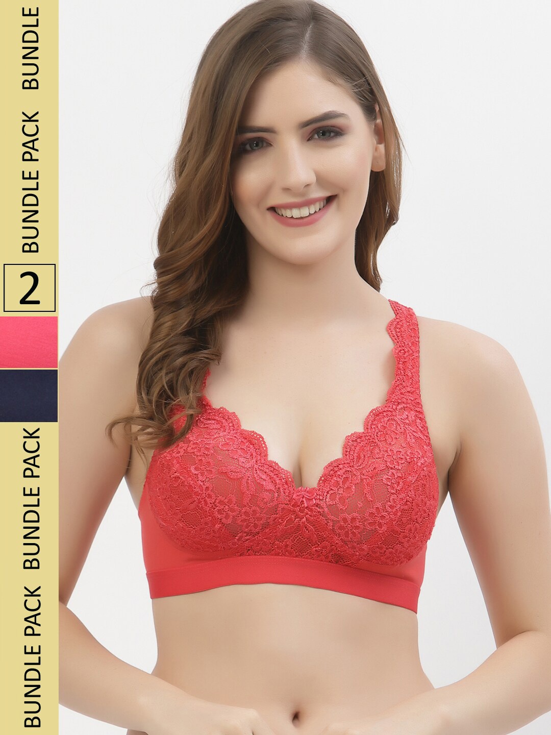 

Floret Pack Of 2 Floral Non Padded Medium Non Wired Support Lace Bra, Coral