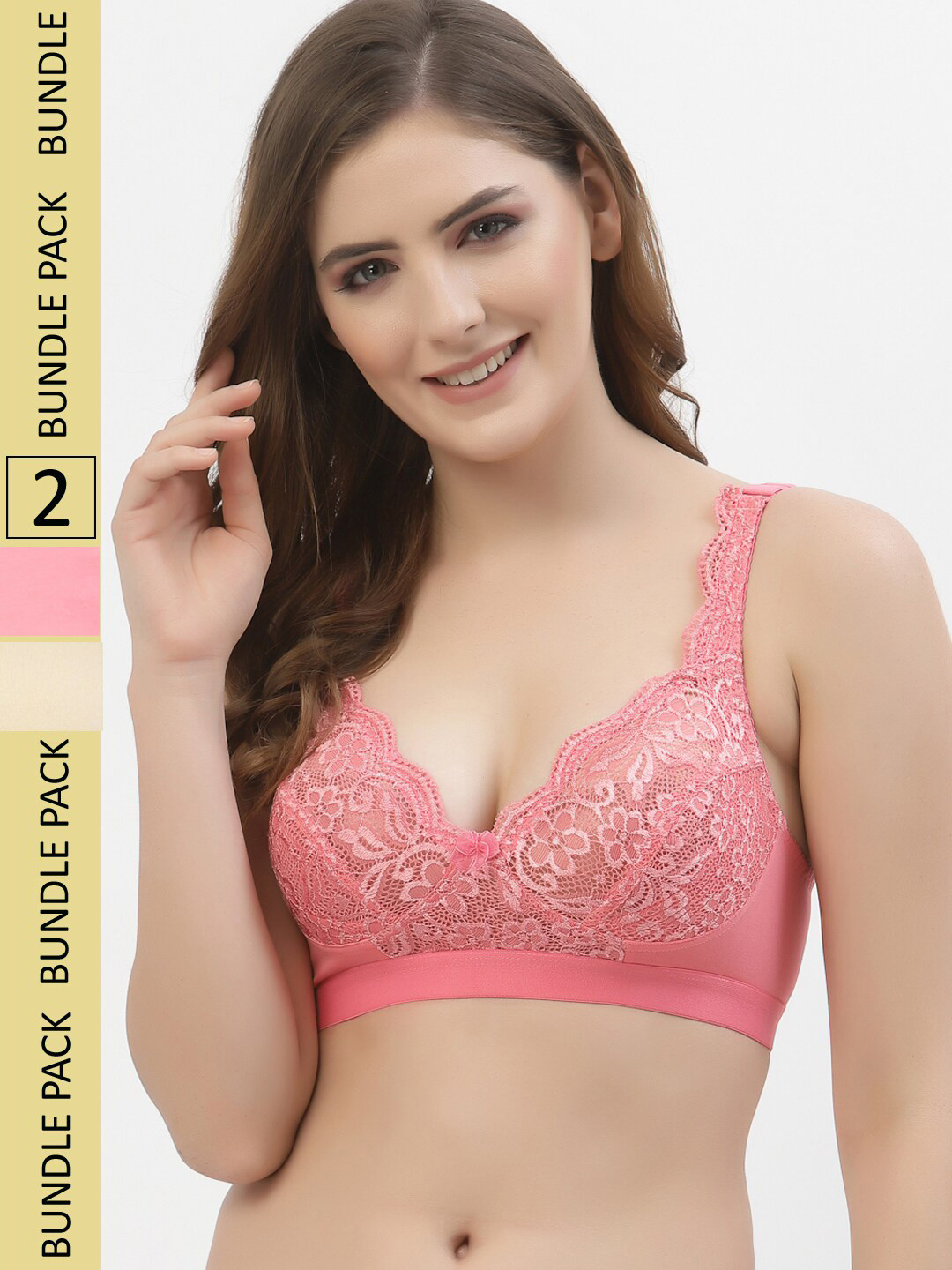 

Floret Pack Of 2 Floral Non Padded Medium Non Wired Support Lace T-shirt Bra, Rose