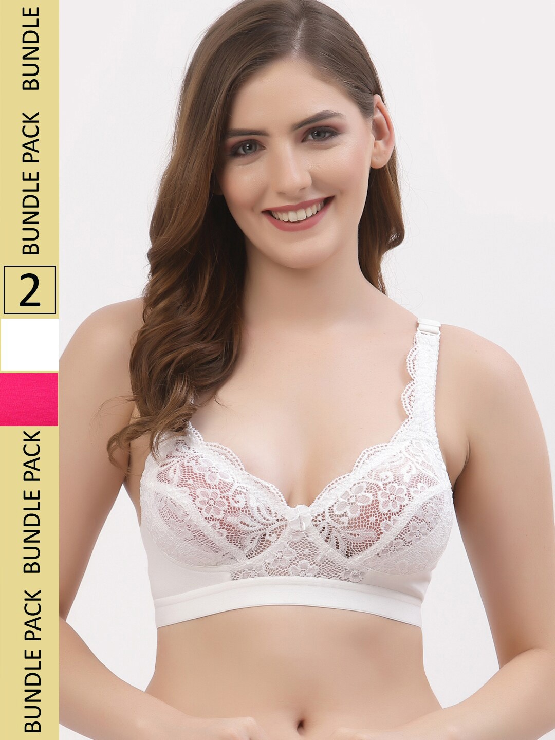 

Floret Pack Of 2 Floral Non Padded Medium Non Wired Support Lace T-shirt Bra, White