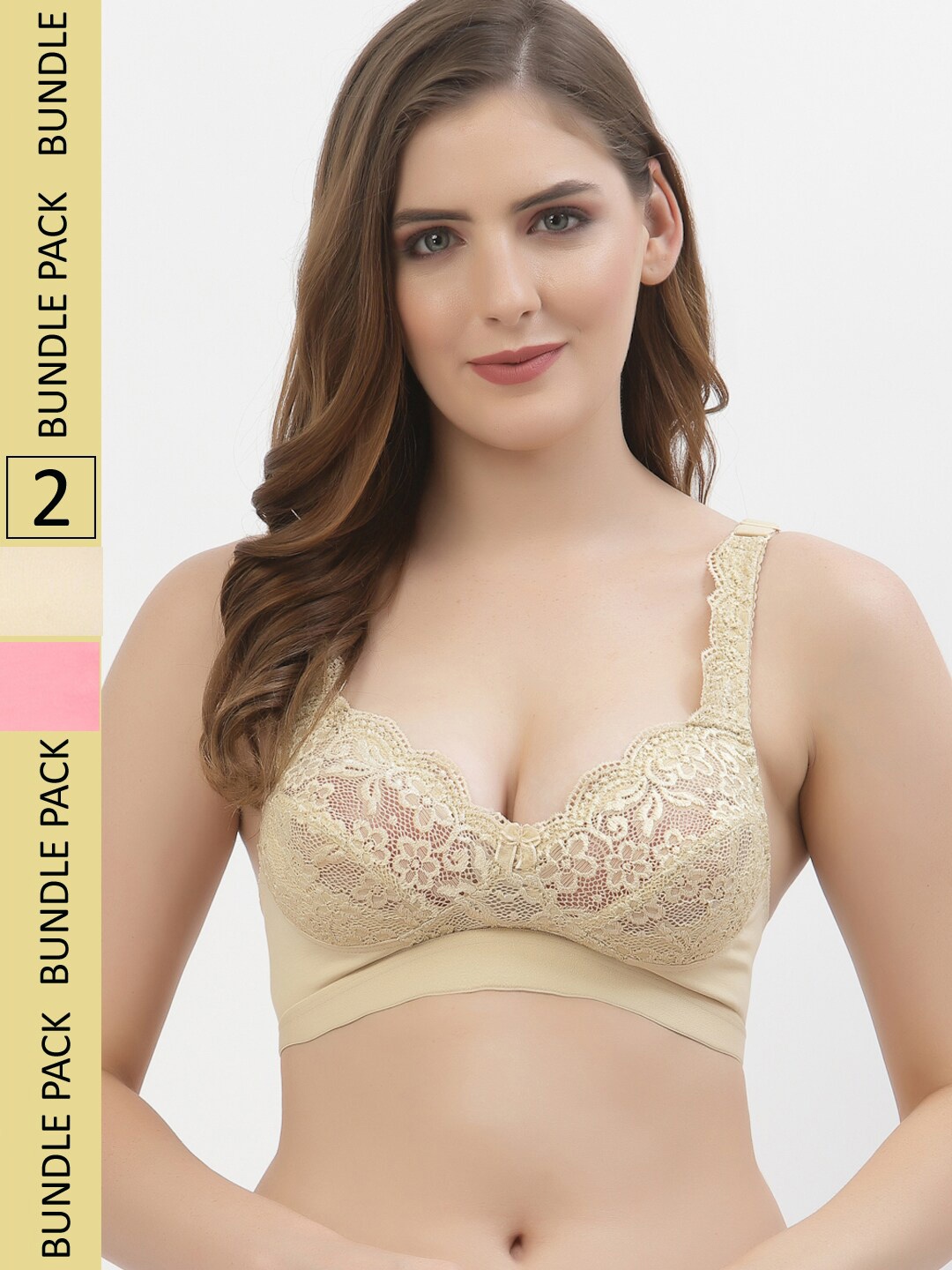 

Floret Pack Of 2 Floral Non Padded Medium Non Wired Support Lace T-shirt Bra, Beige