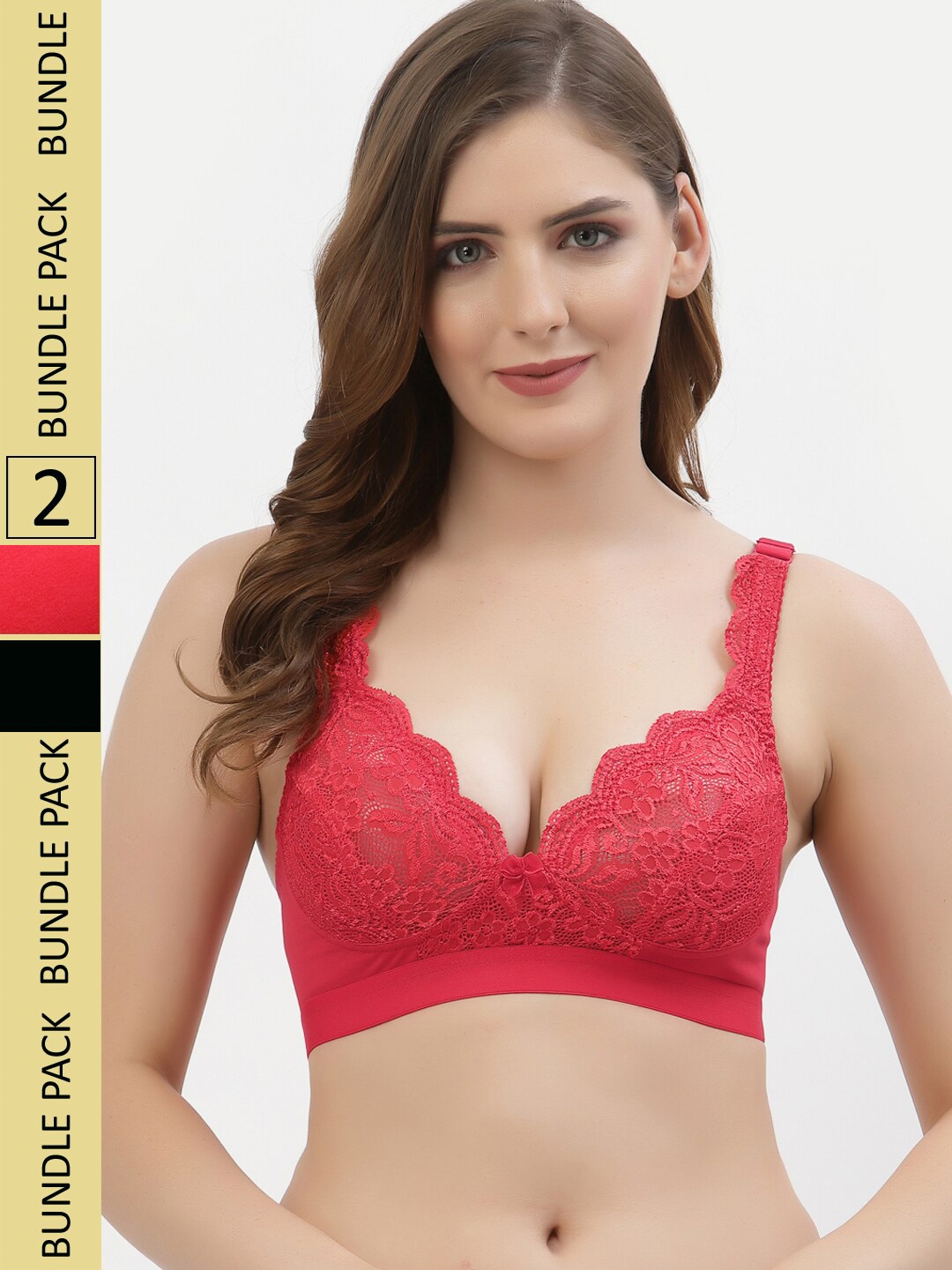 

Floret Pack Of 2 Floral Non Padded Medium Non Wired Support Lace Bra, Red