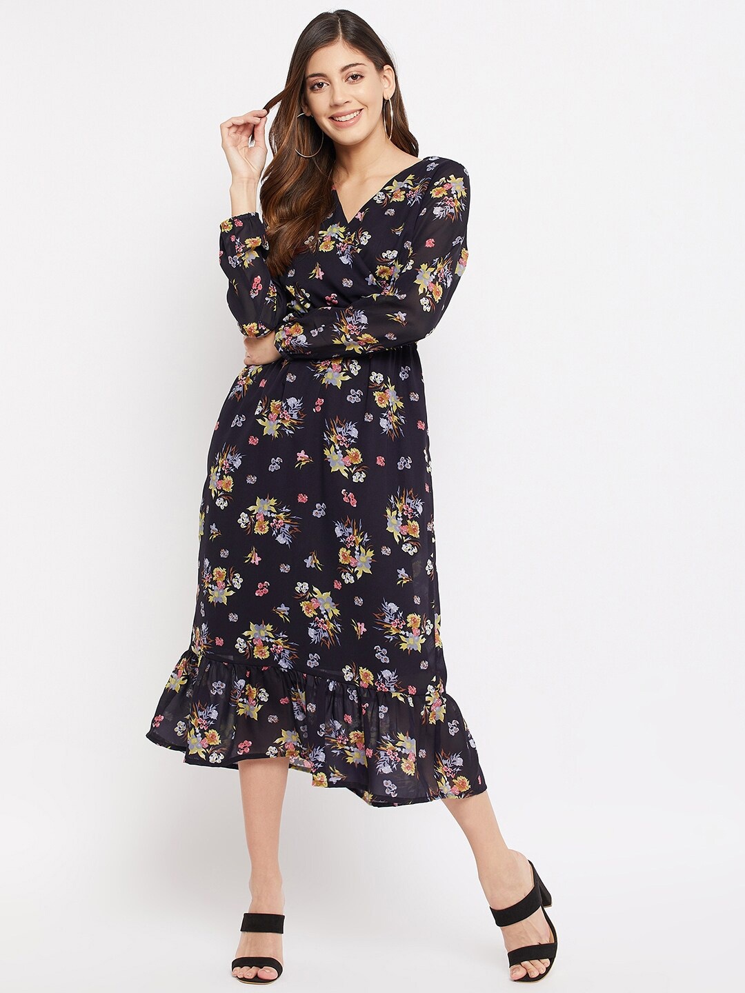 

Color Cocktail V-Neck Floral Georgette Midi Dress, Black