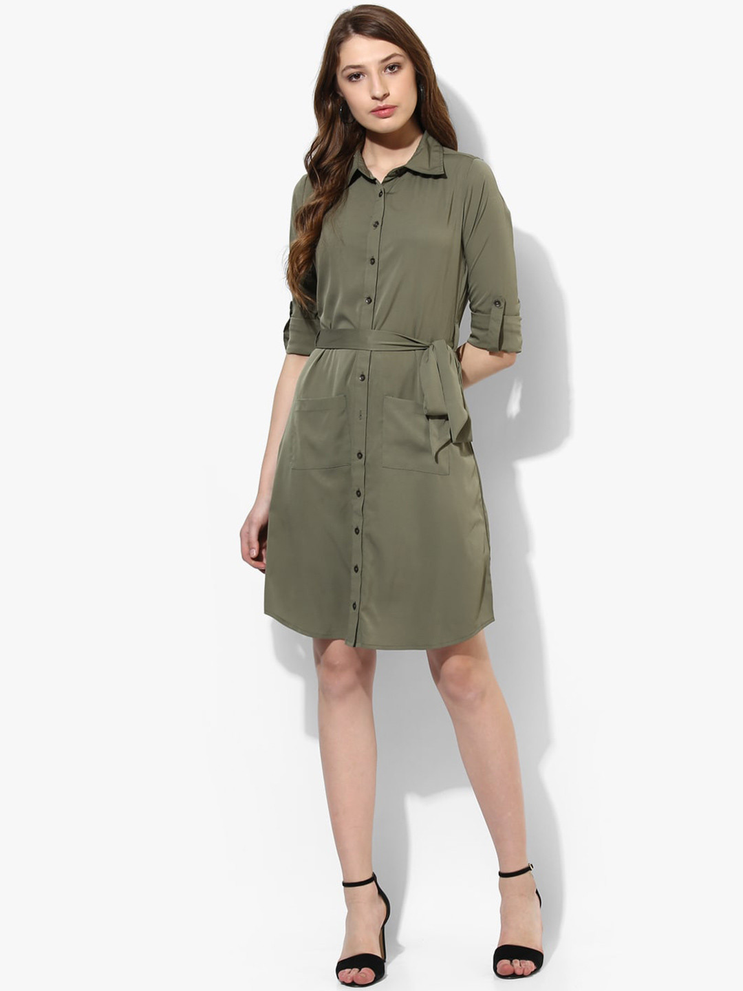 

Color Cocktail Crepe Shirt Dress, Olive