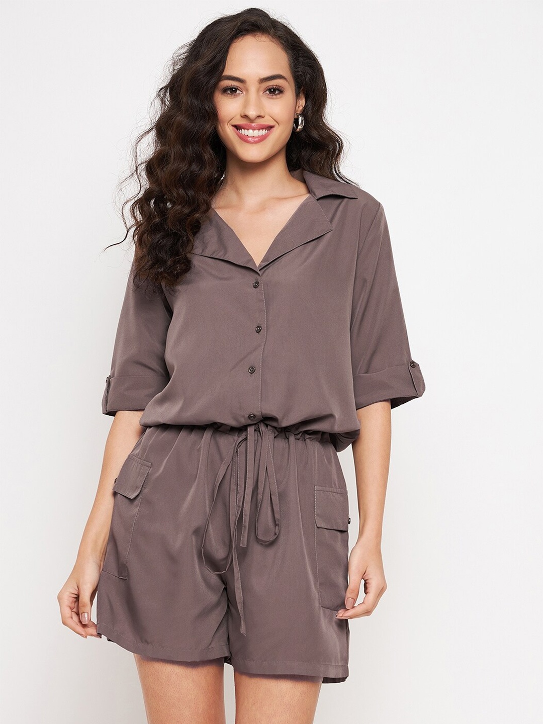 

Color Cocktail Shirt Collar Roll-Ups Sleeves Waist Tie-Ups Jumpsuit, Grey