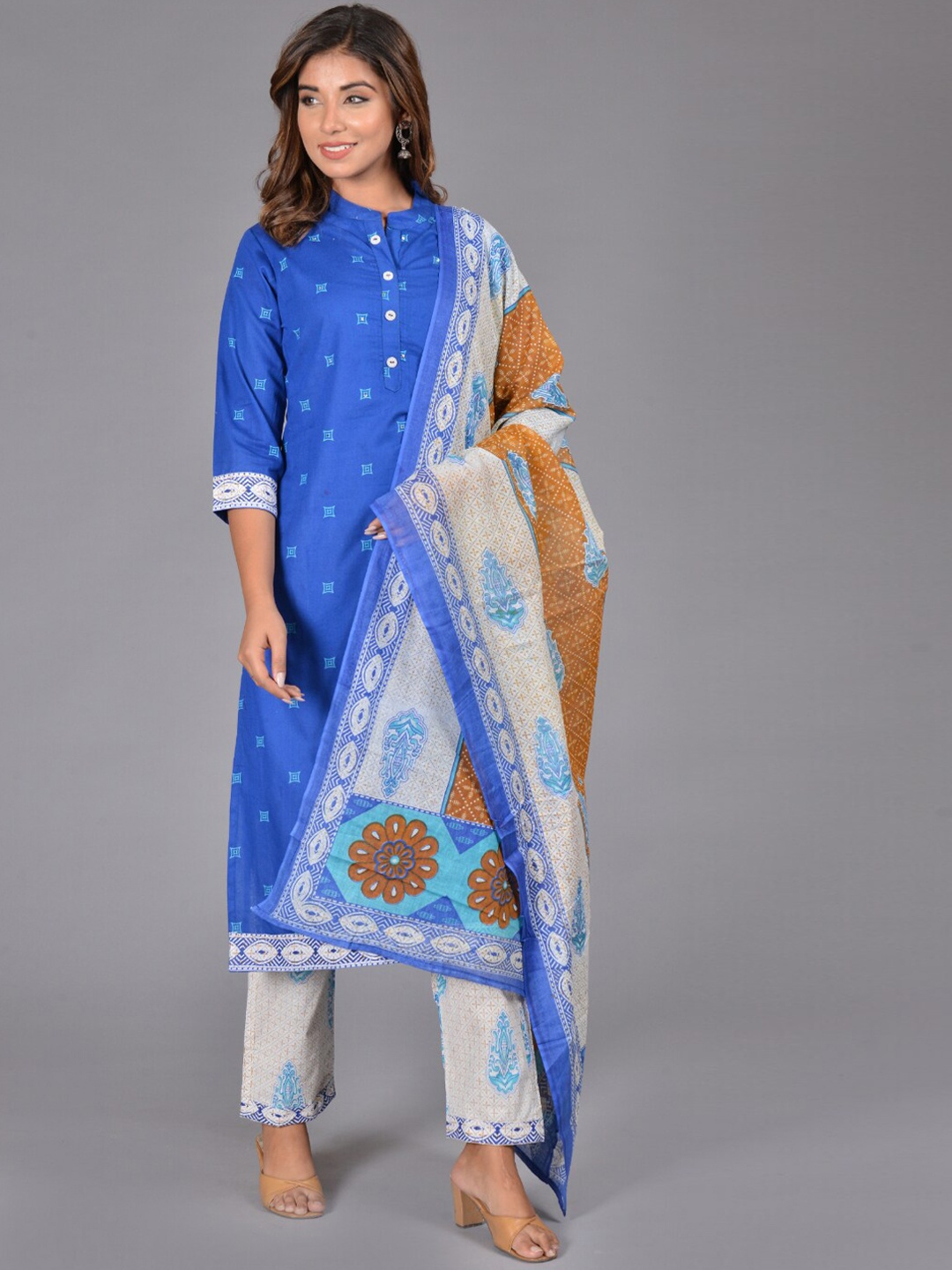 

Bachuu Ethnic Motifs Printed Pure Cotton Kurta With Trousers & Dupatta, Blue