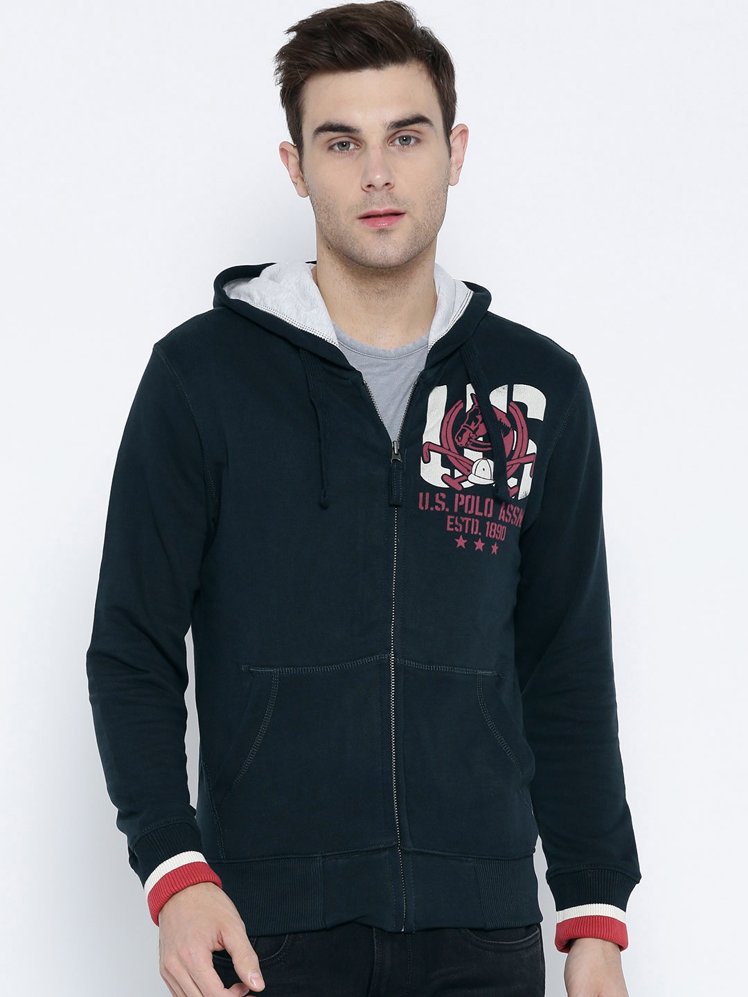

U.S. Polo Assn. Denim Co. Men Navy Blue Printed Hooded Sweatshirt