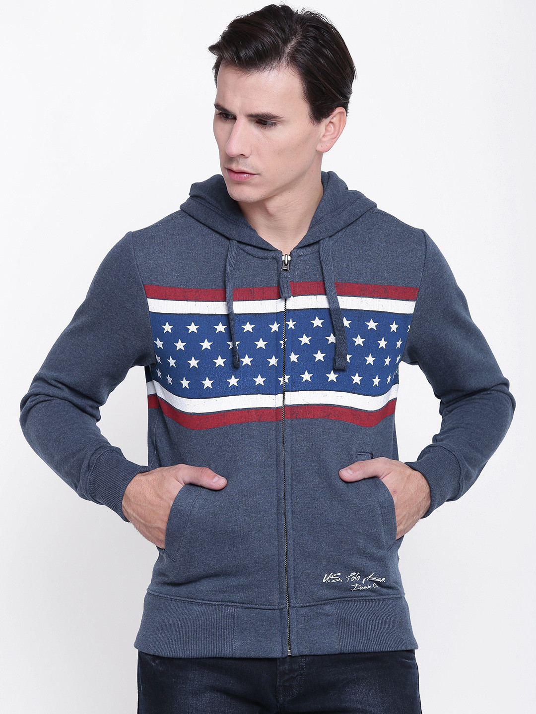 

U.S. Polo Assn. Denim Co. Men Blue Printed Hooded Sweatshirt
