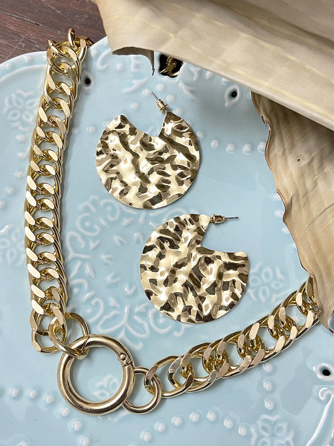 

Ayesha Brass Necklace and Studded Drop Earrings, Gold