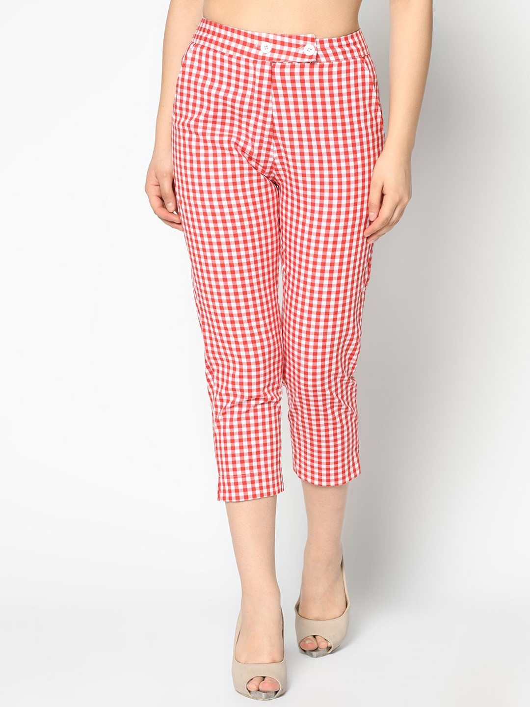 

SQew Women Checked Slim Fit Cotton Cigarette Trousers, Red