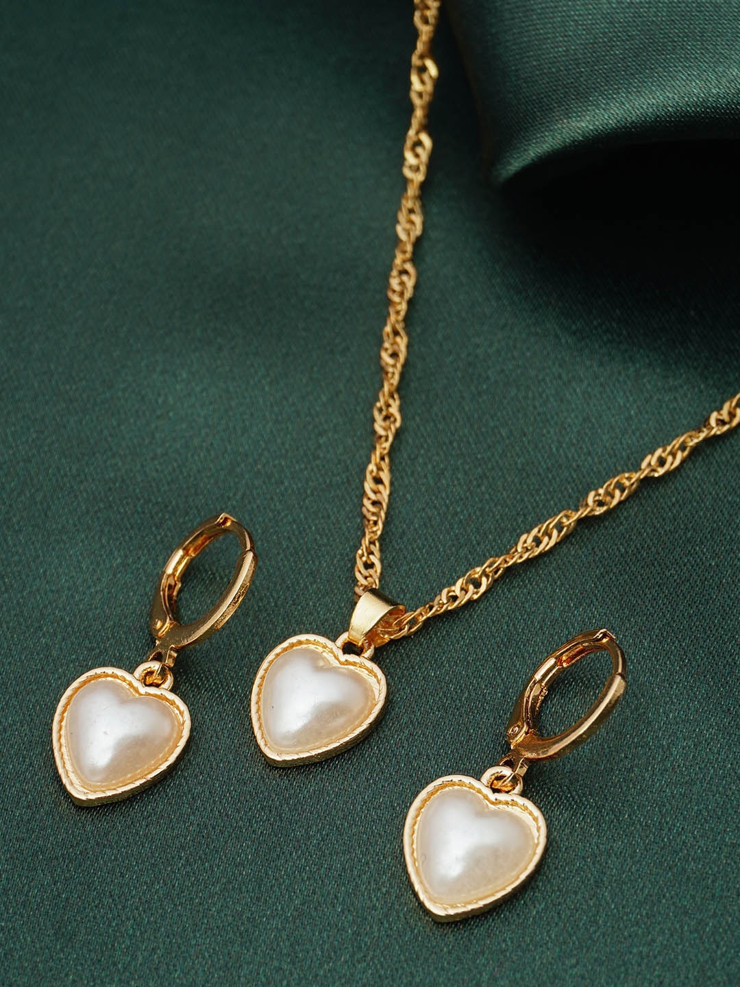 

Ferosh Gold-Plated Pearl-Studded Heart Shaped Pendant and Earrings, White