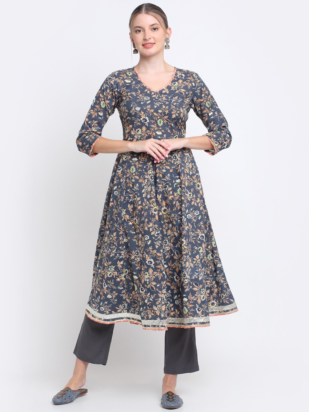 

KALINI V-Neck Floral Printed Pure Cotton Anarkali Kurta With Trousers & Dupatta, Grey