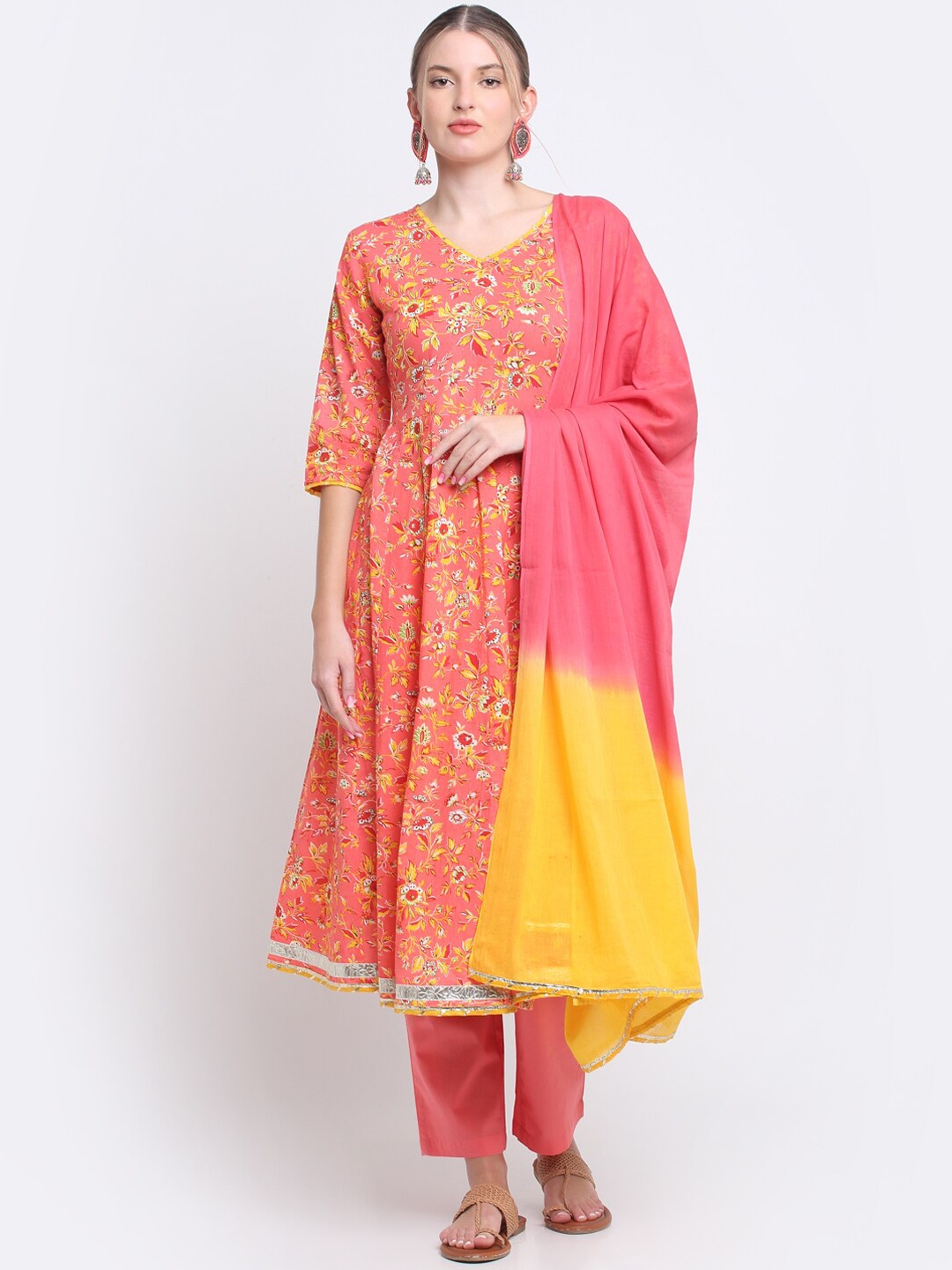 

KALINI V-Neck Floral Printed Pure Cotton Anarkali Kurta With Trousers & Dupatta, Peach