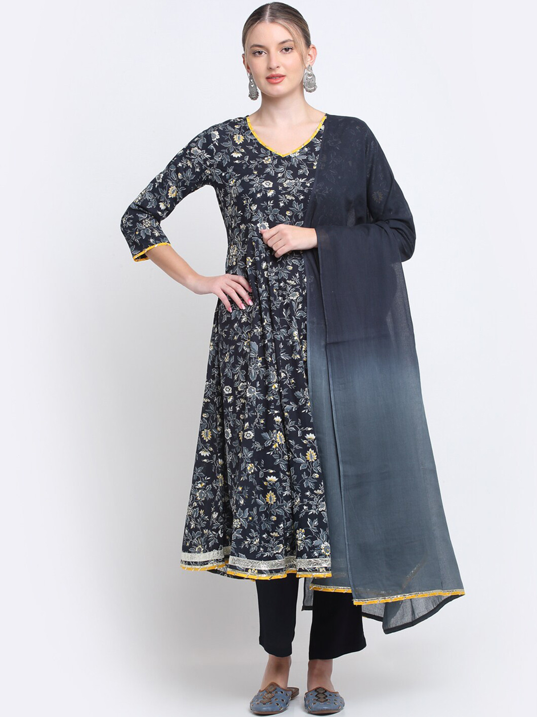 

KALINI V-Neck Floral Printed Pure Cotton Anarkali Kurta With Trousers & Dupatta, Black