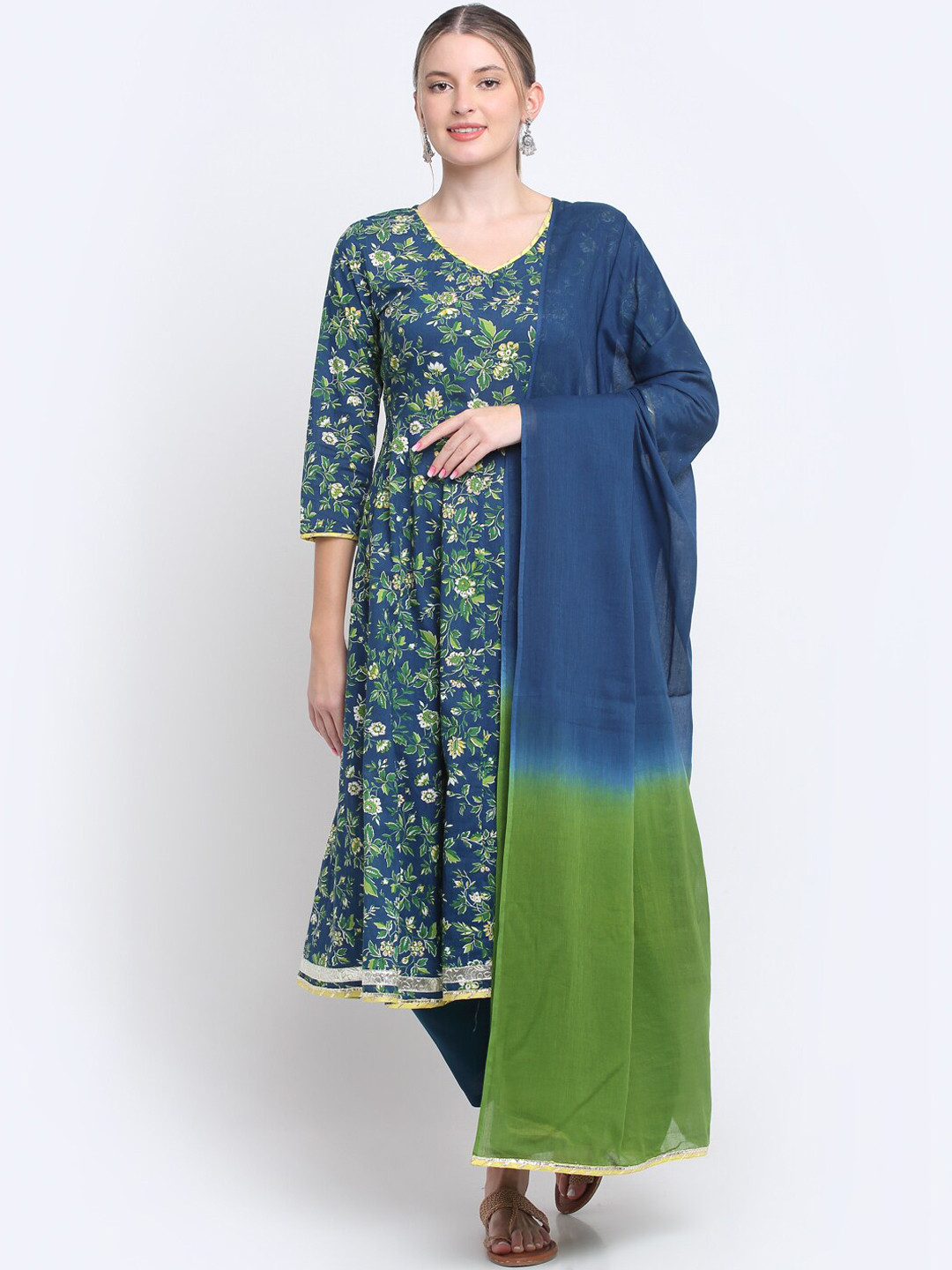 

KALINI V-Neck Floral Printed Pure Cotton Anarkali Kurta With Trousers & Dupatta, Blue