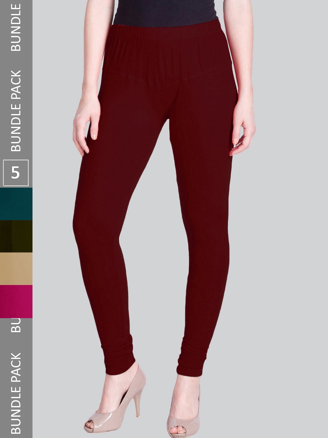 

LYRA Women Pack Of 5 Churidar-Length Cotton Lycra Leggings, Maroon