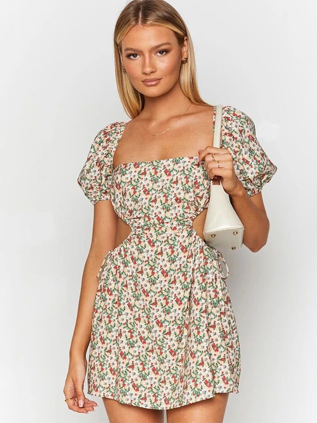 

ODETTE Floral Printed Off-Shoulder Cut-Out Mini Dress, Beige