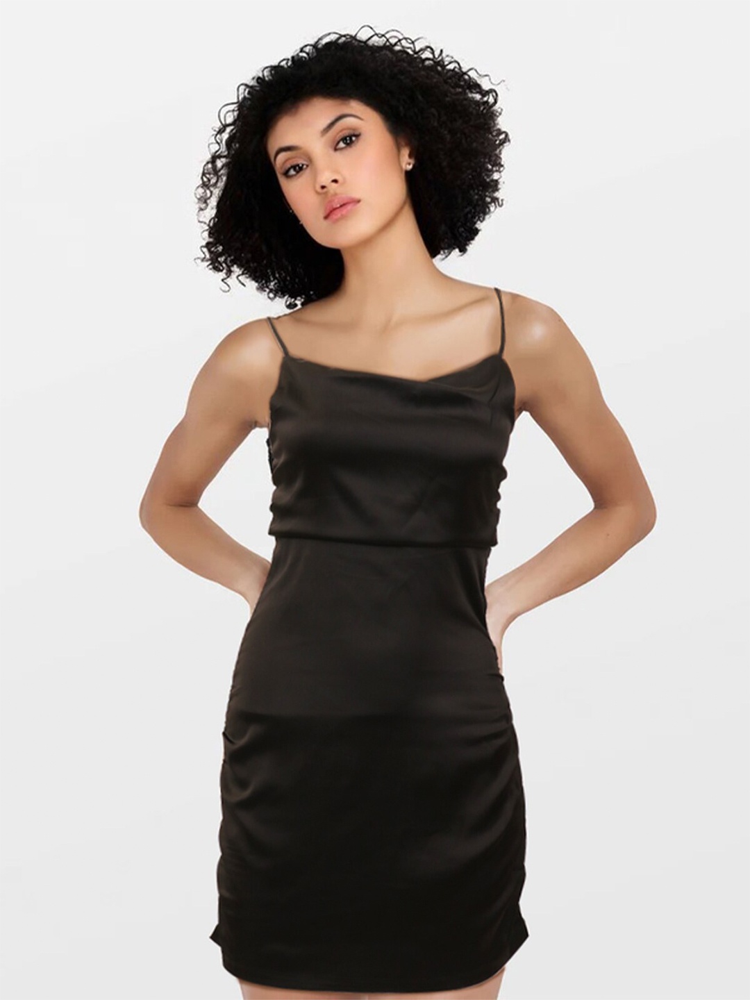 

ODETTE Shoulder Strap Satin Sheath Dress, Black